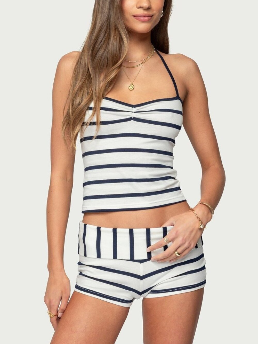 Edikted Navy White Stripe Halter Top Shorts Set XS S